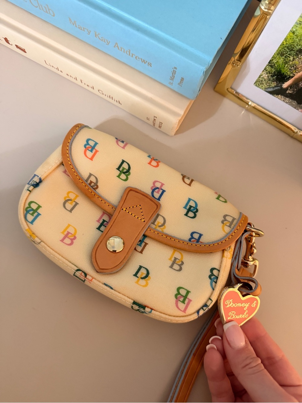 Dooney & Bourke Cream Multicolor DB Logo Wristlet with Tan Trim